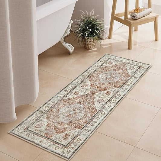 Uphome Orange Bathroom Rugs, Distressed Farmhouse Boho Bath Mat, Non Slip Washable Soft Velvet Bath Mats for Bathroom Floor, Vintage Traditonal Bath Runner for Bathtub Sink Shower, 18x47 inch