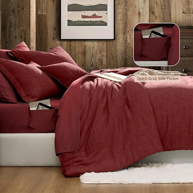 Geniospin Bright Red Queen Comforter Set - 7 Pieces Comforter Queen Size, Solid Bedding Set for All Season, Textured Bed in a Bag with Sheets