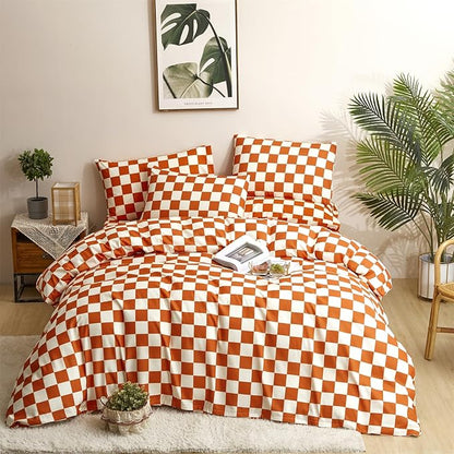 CLOTHKNOW Rust Beige Plaid California King Comforter Set Checker Bedding Comforter Sets Geometric Buffalo Comforter with 2 x Pillow Cases