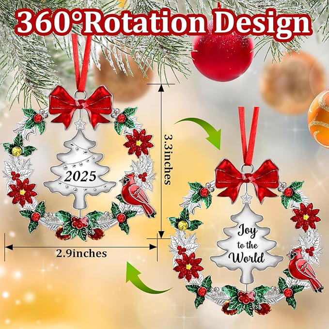 2025 Christmas Ornaments for Tree,Christmas Wreath Ornaments 2025 with Rotatable Tree for Christmas Tree Decorations Holiday Decorative Annual Keepsake Gift (Metal,Silver)