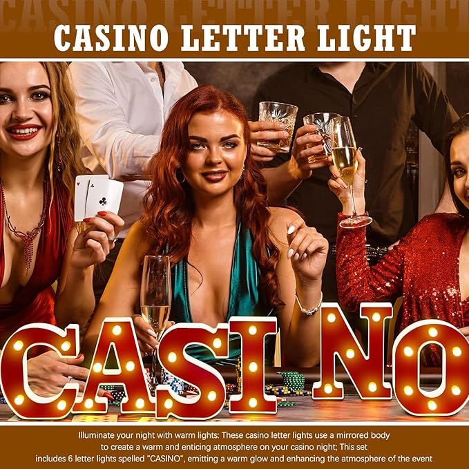 Casino Movie Night Letters Sign Party Decor Battery Powered Marquee Lighted Sign LED Alphabet Letter Lights for Christmas Casino Theme Party Birthday Home Tabletop Decor Supplies Xmas Gift
