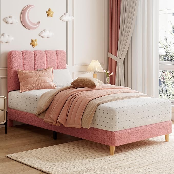 GarveeHome Twin XL Bed Frame, Boucle Upholstered Platform Bed with Wave Headboard for Girls/Kids, Easy Assembly, Wooden Slats Support, No Box Spring Needed, Light Pink