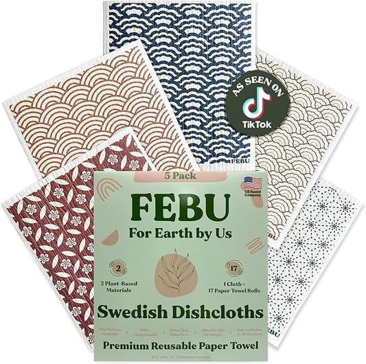 FEBU Swedish Dish Cloths 5 Pack Reusable Washable Kitchen Dish Towels, Eastern Pattern