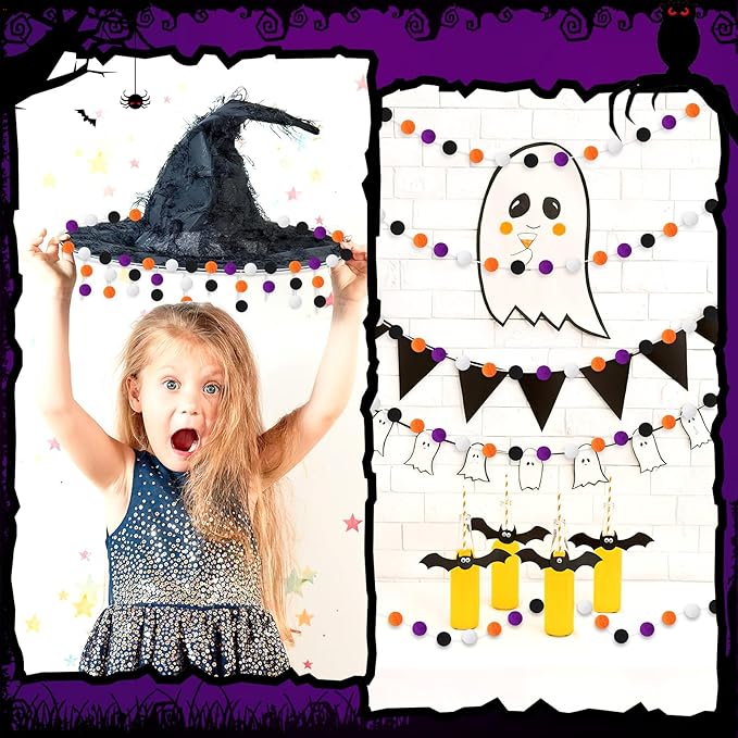 MARFOREVER 4 Pack 26.3 FT Halloween Felt Ball Garlands, Halloween Decorations 30 Balls Black Orange White Purple Pom Pom Garlands Hanging Supplies for Fall Halloweens Holiday Party Home Wall Decor