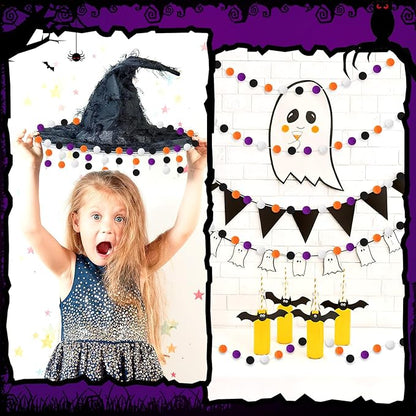 MARFOREVER 4 Pack 26.3 FT Halloween Felt Ball Garlands, Halloween Decorations 30 Balls Black Orange White Purple Pom Pom Garlands Hanging Supplies for Fall Halloweens Holiday Party Home Wall Decor