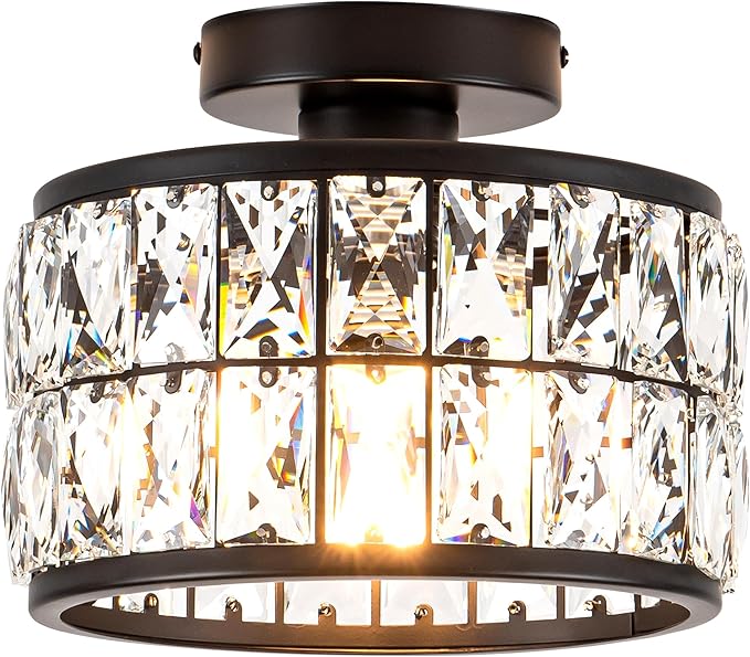 Crystal Ceiling Light Fixture, Modern Semi Flush Mount Ceiling Light,Crystal for Kitchen Bedroom Bathroom Entryway, Black Finish