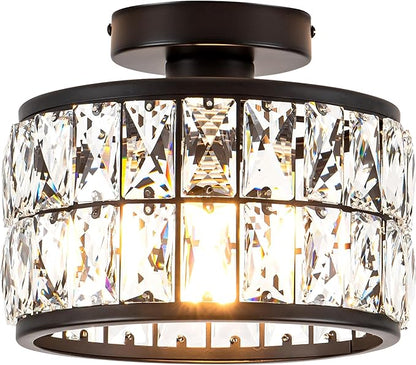 Crystal Ceiling Light Fixture, Modern Semi Flush Mount Ceiling Light,Crystal for Kitchen Bedroom Bathroom Entryway, Black Finish