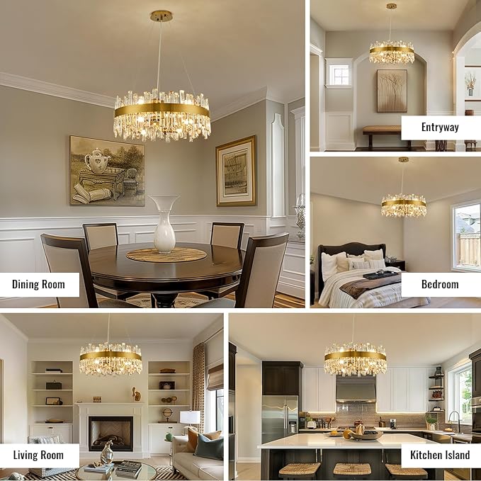 Siljoy Modern Crystal Chandelier 12-Light Brushed Gold 2-Tiers Crystal Raindrop Chandelier Adjustable Flush Mount Pendant Ceiling Light Fixture for Dining Living Room Foyer Entryway D23.6''