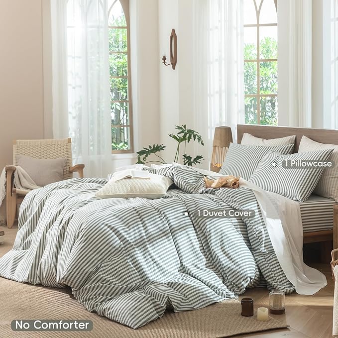 MooMee Striped Duvet Cover Set 100% Washed Cotton Linen Like Textured Breathable Durable Soft Comfy (Heathered Green Classic Stripes, Twin 68"x90")