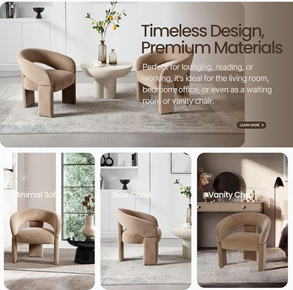 Modern Accent Chair Khaki Velvet Round Barrel Armchair Comfy Upholstered Lounge Chair for Living Room Bedroom Reading Chair Vanity Chair Comfy Office Waiting Room Chairs