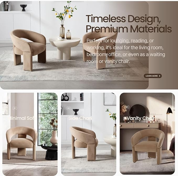 Modern Accent Chairs Set of 2 Khaki Velvet Round Barrel Armchairs Comfy Upholstered Lounge Chair for Living Room Bedroom Reading Chair Vanity Chair Comfy Office Waiting Room Chairs