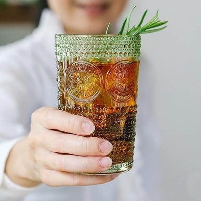 Kate Aspen Hobnail Beaded Floral Green Drinking Glasses Set of 6, (13 oz) Vintage Glassware Set Cocktail Glass Set, Juice Glass, Water Cups | Great Hostess Gift & Gift for New Home Owners