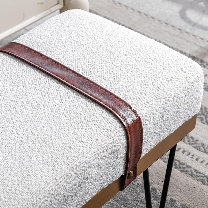 DUOMAY Industrial Modern Rectangle Ottoman Bench with PU Strap and Metal Legs, Mid Century Sherpa Dining Table Bench Footstool Entryway Shoe Bench for Bedroom Dining Room Living Room, White