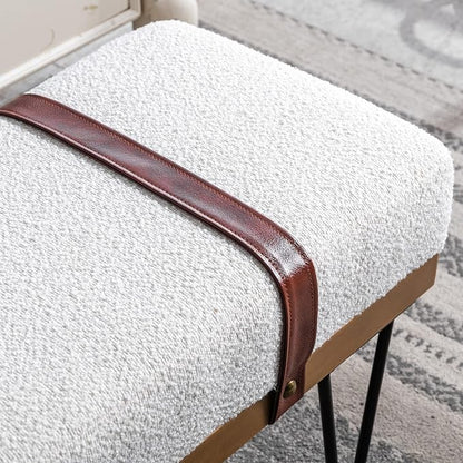 DUOMAY Industrial Modern Rectangle Ottoman Bench with PU Strap and Metal Legs, Mid Century Sherpa Dining Table Bench Footstool Entryway Shoe Bench for Bedroom Dining Room Living Room, White