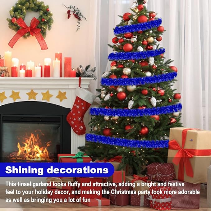 50 Feet Blue Christmas Tinsel Garland, Metallic Foil Twist Garland Wall Hanging Tinsel Banner Backdrop for Parade Floats, Easter, Mother's Day, Wedding Party Decorations (2in x 50ft)