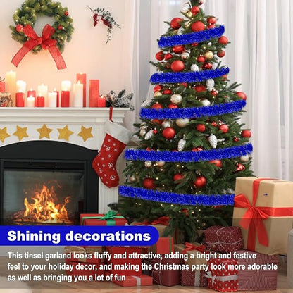 50 Feet Blue Christmas Tinsel Garland, Metallic Foil Twist Garland Wall Hanging Tinsel Banner Backdrop for Parade Floats, Easter, Mother's Day, Wedding Party Decorations (2in x 50ft)