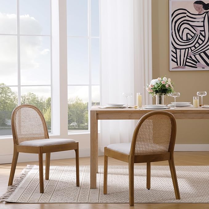 Upholstered Wooden Dining Chairs Set of 6, Farmhouse Kitchen & Dining Room Chairs with Cane Back, Accent Dining Table Chairs Beige Linen Seat for Kitchen/Restaurant/Living Room, Beige