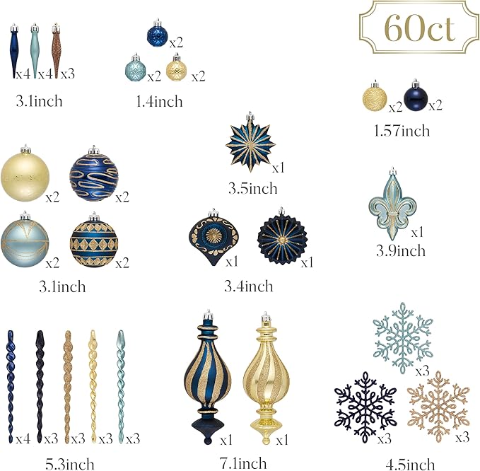 Valery Madelyn Ornaments for Christmas Trees, 60ct Blue and Gold Shatterproof Christmas Tree Decorations, Luxury Hanging Ball Ornaments Bulk for Xmas Holiday Party Decor