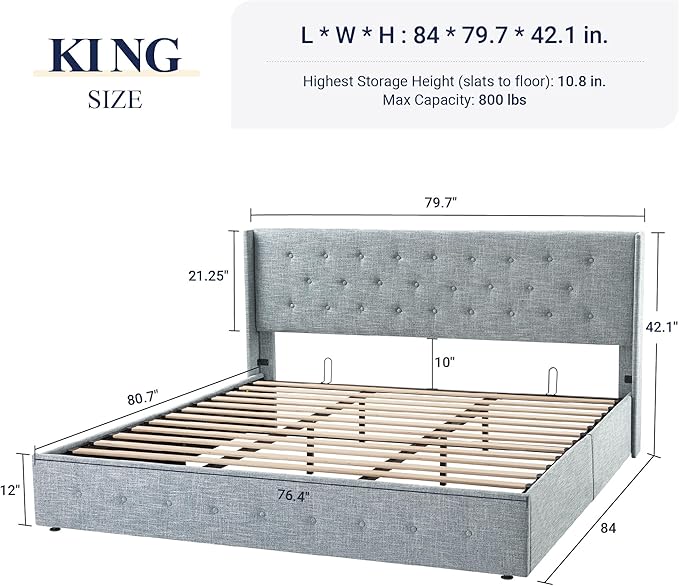 Allewie King Size Lift Up Storage Bed, Button Tufted Headboard with Wingback, Hydraulic Support, No Box Spring Needed, Grey Blue