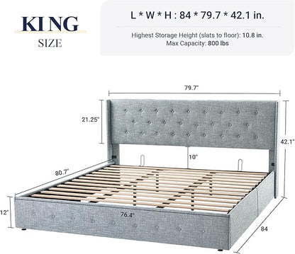 Allewie King Size Lift Up Storage Bed, Button Tufted Headboard with Wingback, Hydraulic Support, No Box Spring Needed, Grey Blue