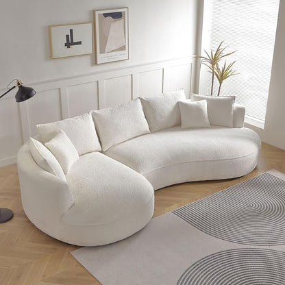 WILLIAMSPACE 124.8" Boucle Curved Sofa Couch, Modern Upholstery Cloud Sofa with Pillows, Left Hand Facing Sectional Boucle Fabric Couch for Living Room (Left-Facing,Light Cream)
