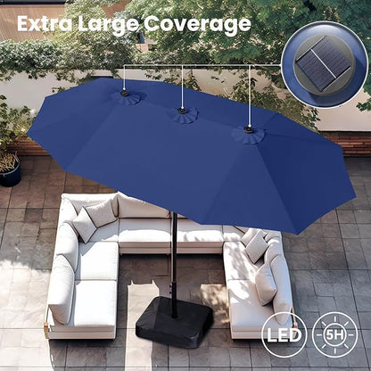 PHI VILLA 15ft Large Patio Umbrella with Solar Lights, Double-Sided Outdoor Market Rectangle Umbrellas with 36 LED Lights, Umbrella Base (Stand) Included, Haze Blue