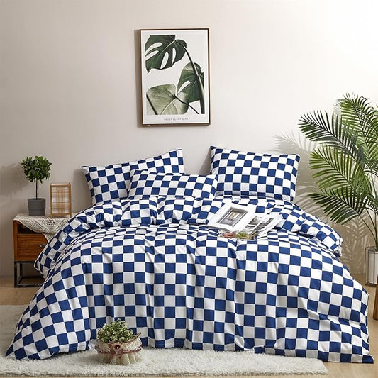 CLOTHKNOW Plaid Twin/Twin XL Comforter Sets Blue White Bedding Comforter Sets Royal Blue White Bed Comforter Blue Bedding Sets Soft