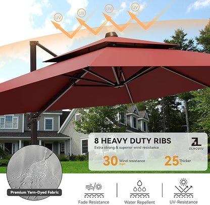 9x12FT Red Cantilever Outdoor Patio Umbrella with Base, Large Rectangular Offset Design, Double Top Heavy Duty Aluminum Frame & 360° Rotation for Pool Garden Deck Backyard