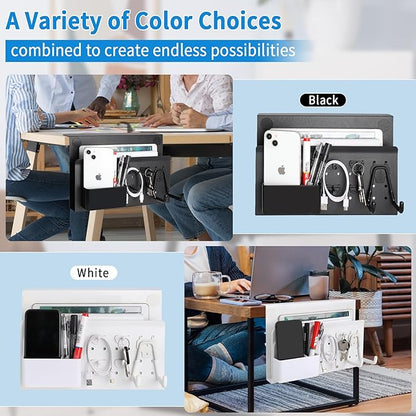 Desk Side Storage with Pen Holder & Hanging Hooks, No Drill Hanging Desk Organizer Under Desk Storage Mount, Clamp-On Laptop Holder Table Side for Office and Home (White)