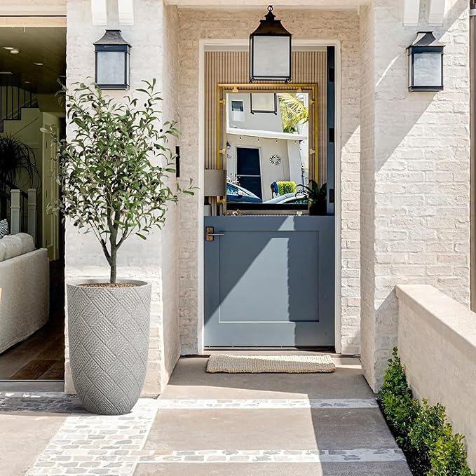 LuxenHome 22" H Concrete Tall Planters, Large Outdoor Indoor Decorative Plant Pots with Drainage Holes and Rubber Plug, Modern Gray Glen Pattern Round Flower Pot Planters for Home Garden Patio Porch