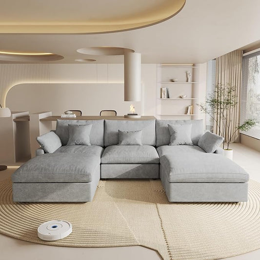 WJShome Cloud Couch Modular Sectional Sofa,119.29" U Shaped Couch, Oversized Down Filled Convertible Wide Seater,3 Seater with 2 Ottomans for Living Room Set, Covers Washable&,Grey
