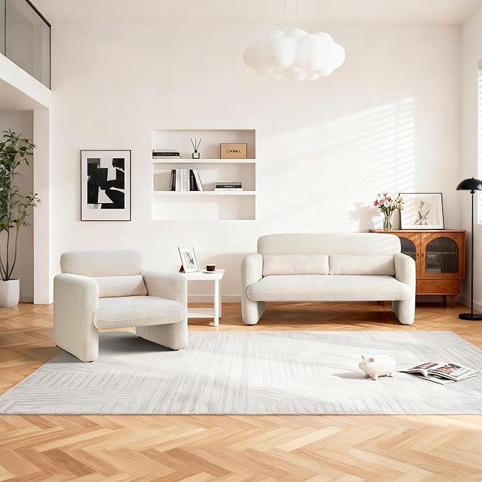 33.86" Accent Chairs, Modern Sherpa Fabric Armed Chair Comfy Upholstered Armchair Leisure Single Sofa Chair with a Waist Pillow for Bedroom, Office and Living Room