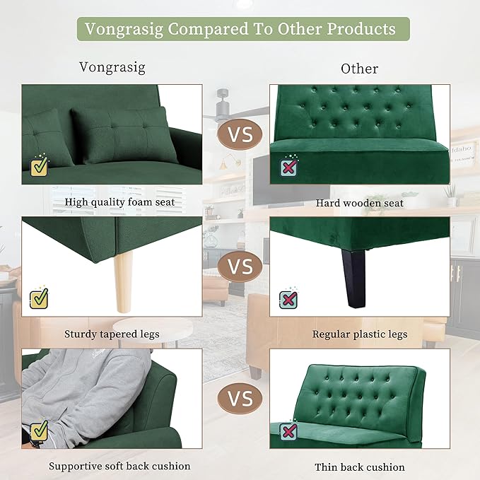 Vongrasig Small Modern Loveseat Sofa 47" Mid Century Linen 2 Seat Couch Tufted Love Seat, Green