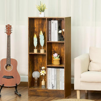 LEYAOYAO 5 Cube Mid-Century Modern Brown Wood Bookcase, 3 Tier Storage Organizer Shelf, Rustic Display Cabinet for Bedroom, Living Room, Office