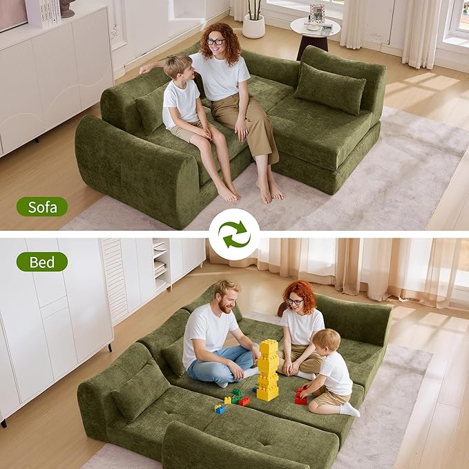 101.6" Modular Sectional Cloud Sofa,Floor Boneless Couch, 4-in-1 Folding Convertible Sofa Bed, Modular Cushion Couch,Suitable for Living Room,Bedroom and Recreation Room (Green)
