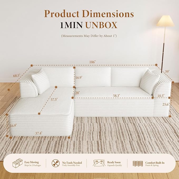 Vesgantti 106" Boneless Couch with Chaise, Deep Seat Comfy Cloud Modular Sofa CorduroySectional for Living Room Bedroom, No Assembly Required (Beige, Left-Facing Chaise)