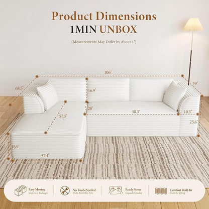 Vesgantti 106" Boneless Couch with Chaise, Deep Seat Comfy Cloud Modular Sofa CorduroySectional for Living Room Bedroom, No Assembly Required (Beige, Left-Facing Chaise)