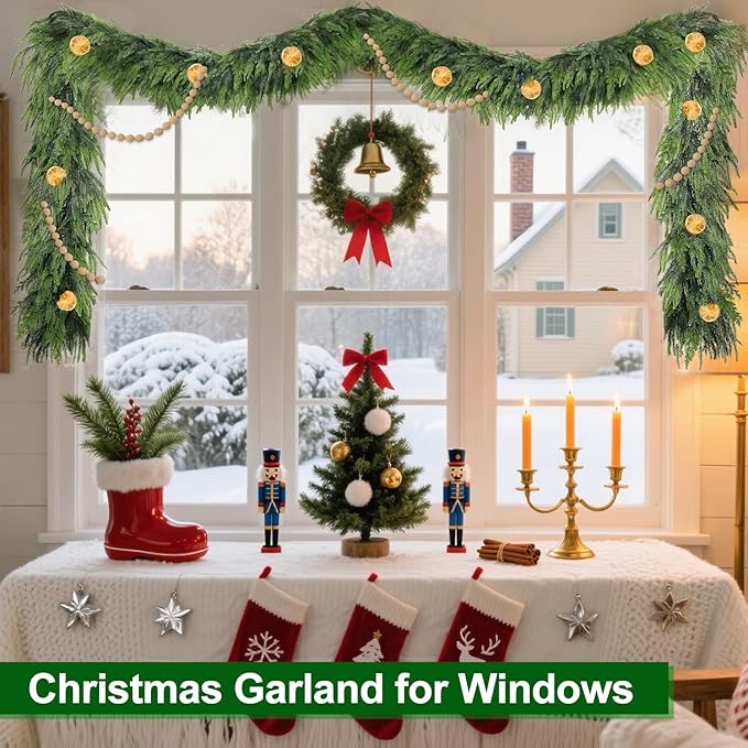 6Ft by 10 Inch Christmas Norfolk Pine Garland-Real Touch Garlands with Norfolk Pine&Cedar Branches,Realistic Soft Thick Artificial Faux Greenery Garland for Christmas Decorations Mantle Indoor Outdoor