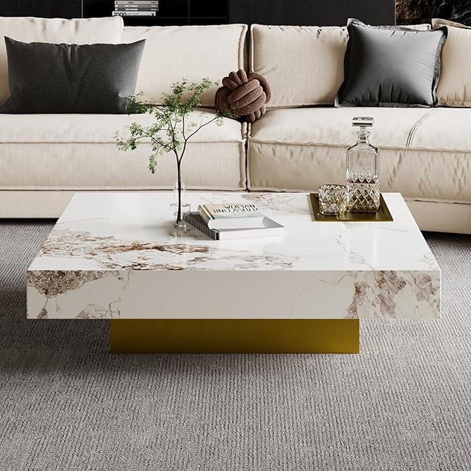 Modern Coffee Table for Living Room, 43.31" Large Square Living Room Table Sintered Stone Tabletop with Gold Stainless Steel Legs, Center Table for Home Office