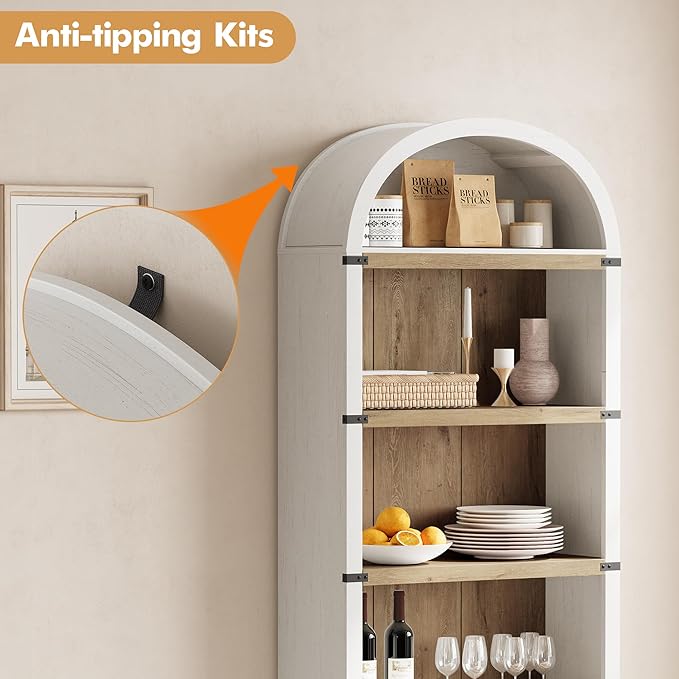 GarveeHome Bookcase 5 Shelf Arched Bookshelf 71.65in Tall Bookcase Farmhouse Display Storage Rack Wooden Bookshelves for Home Office, Living Room (White/Natural)