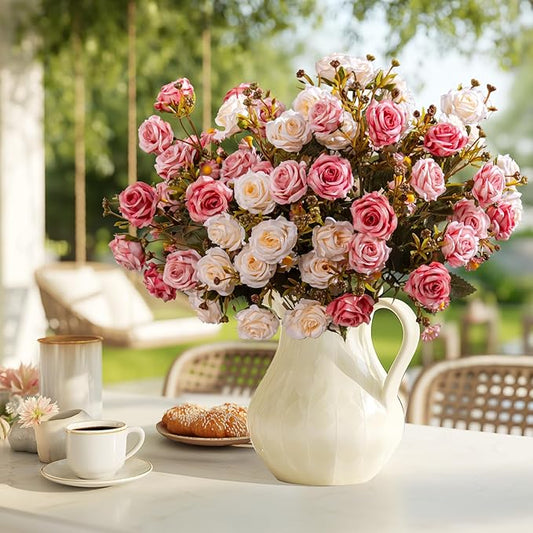 Artificial Flowers for Outdoor 4 Bundles Rose Bouquet with Daisy Faux Flowers UV Resistant for Home Indoor Outside Garden Porch Window Box Balcony Yard Porch Decor (White+Pink)
