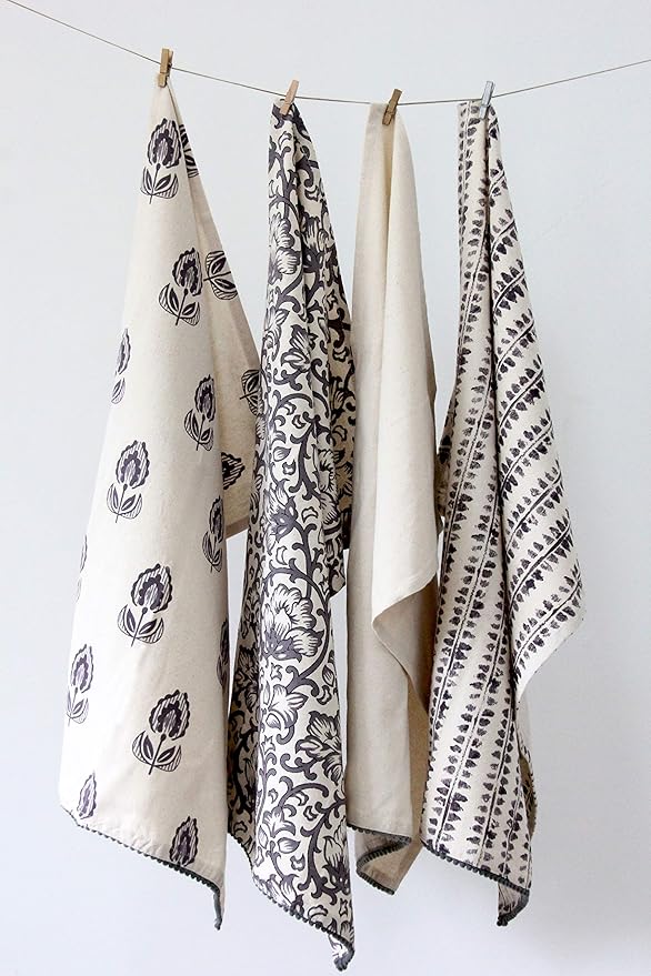 TARAN LIVING Kitchen Towels Dish Towels for Kitchen- Gray & Beige Tea Towels for Kitchen-Bar Towels for Kitchen-KitchenTowels and dishcloths-Printed Floral 18"x28" Pack of 4