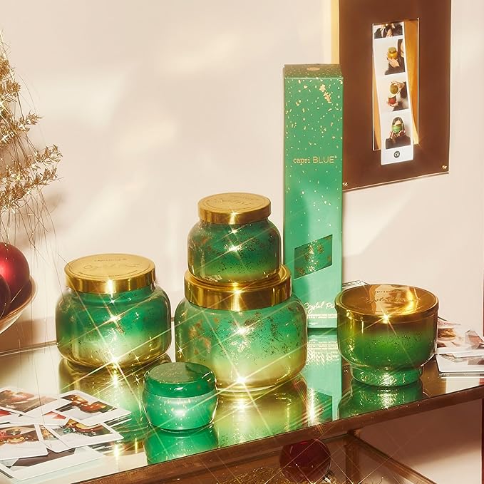 Capri Blue Crystal Pine Scented - Glimmer Inverted Jar Candles - Soy Candles - Holiday Candle with Emerald Green & Gold Ombre Glass Candle (10 oz)