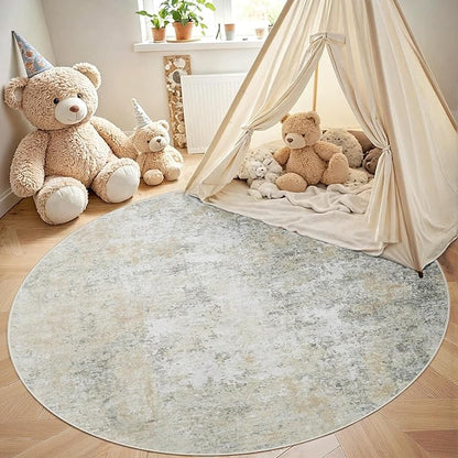 Round Rug 5ft Circle Rug Washable: Carpet Small Circular Area Rug for Entryway Kitchen Bedroom Dining Room Living Room 5 Feet Abstract College Dorm Non Slip Low Pile Beige Grey