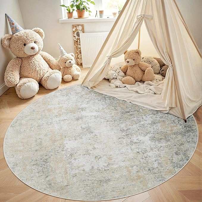 Round Rug 6ft Circle Rug Washable: Carpet Small Circular Area Rug for Entryway Kitchen Bedroom Dining Room Living Room 6 Feet Abstract College Dorm Non Slip Low Pile Beige Grey