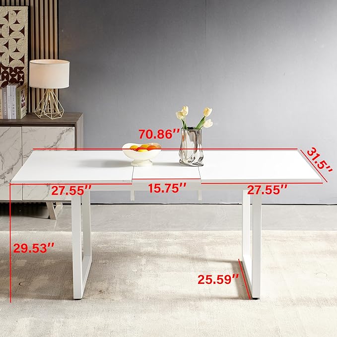 55''- 71'' Extendable Dining Room Table, Expandable Dining Table with Metal Leg, Modern Mid Century Large Table, for 2-6 Person, White