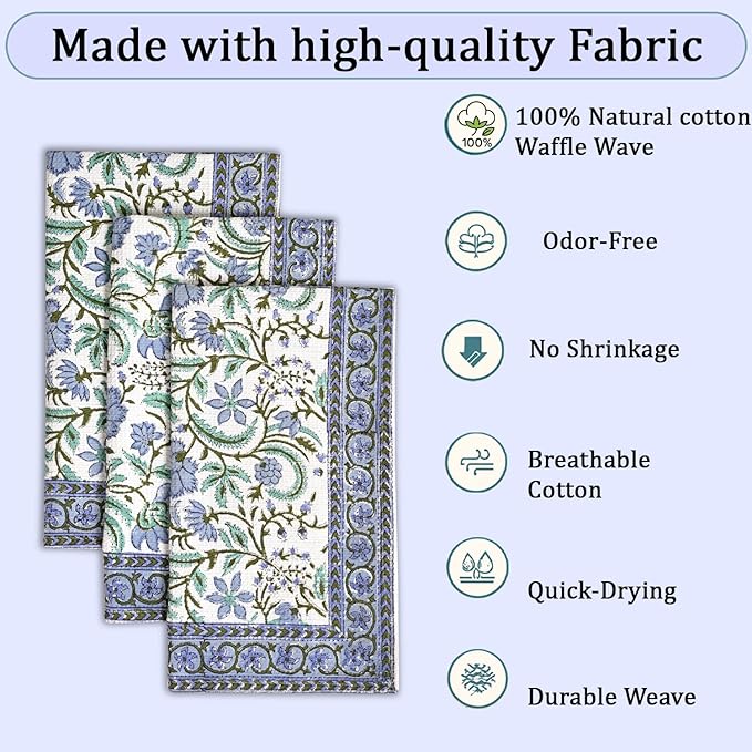 Ridhi Columbia Blue Hand Block Print Waffle Kitchen Towel Set of 3-16 x28 Ultra Absorbent Quick Dry 100% Cotton Dish Towels Lightweight Reusable Sustainable Tea Towels for Cleaning and Drying