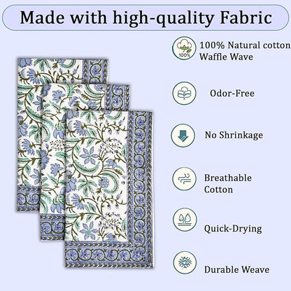 Ridhi Columbia Blue Hand Block Print Waffle Kitchen Towel Set of 3-16 x28 Ultra Absorbent Quick Dry 100% Cotton Dish Towels Lightweight Reusable Sustainable Tea Towels for Cleaning and Drying