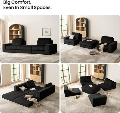 120.47‘’ Boneless Couch Cloud Modular Sectional Couches for Living Room, Oversize L-Shape Sofa with Deep Seat, Plush Corduroy 3-Seater with Ottoman, No Assembly Required