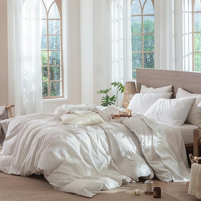 MooMee Striped Duvet Cover Set 100% Washed Cotton Linen Like Textured Breathable Durable Soft Comfy (White Orange Wide Stripes, Super King 108"x98")